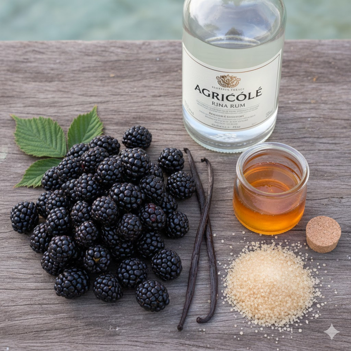 Ingrédients du rhum arrangé aux mûres : mûres fraîches, vanille Bourbon, miel artisanal, sucre de canne et rhum blanc