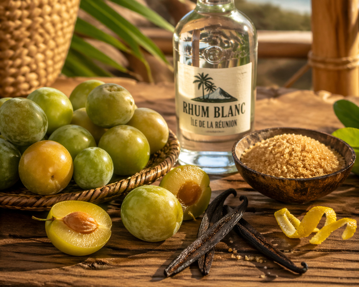 Ingrédients rhum arrangé reine-claude sur table en bois