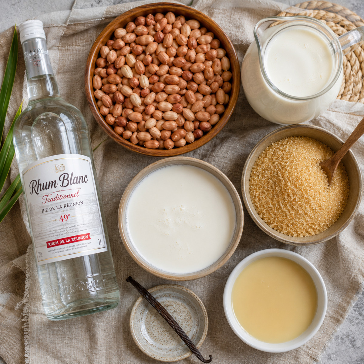 Ingrédients du rhum arrangé cahouète : rhum, pistaches, crème et sucrepng